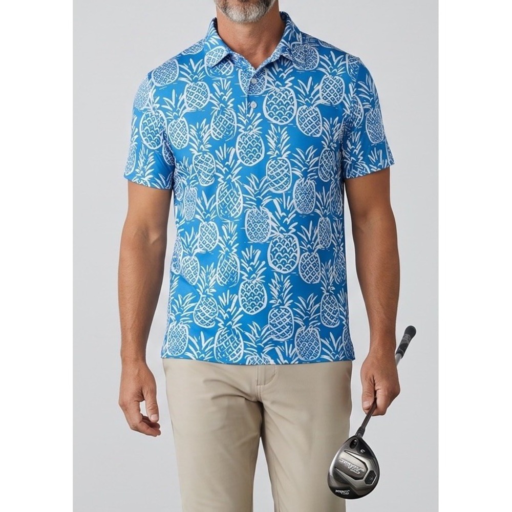 Chubbies Weekend Mens Performance Stretch Polo Golf Shirt Blue Pineapple XL